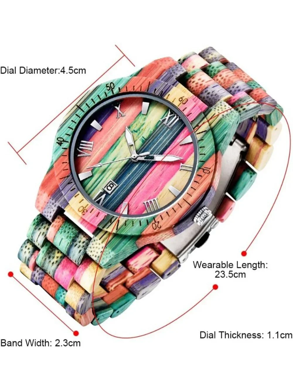 Men's Multi Color Analog Quartz Handmade Colorful Bamboo Engraved Wooden Watch
